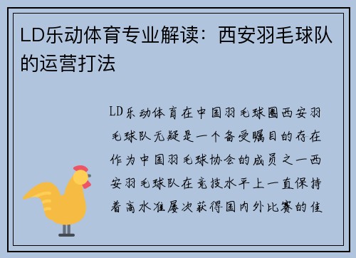 LD乐动体育专业解读：西安羽毛球队的运营打法