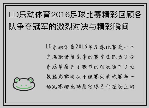 LD乐动体育2016足球比赛精彩回顾各队争夺冠军的激烈对决与精彩瞬间