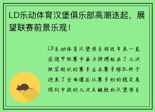 LD乐动体育汉堡俱乐部高潮迭起，展望联赛前景乐观！